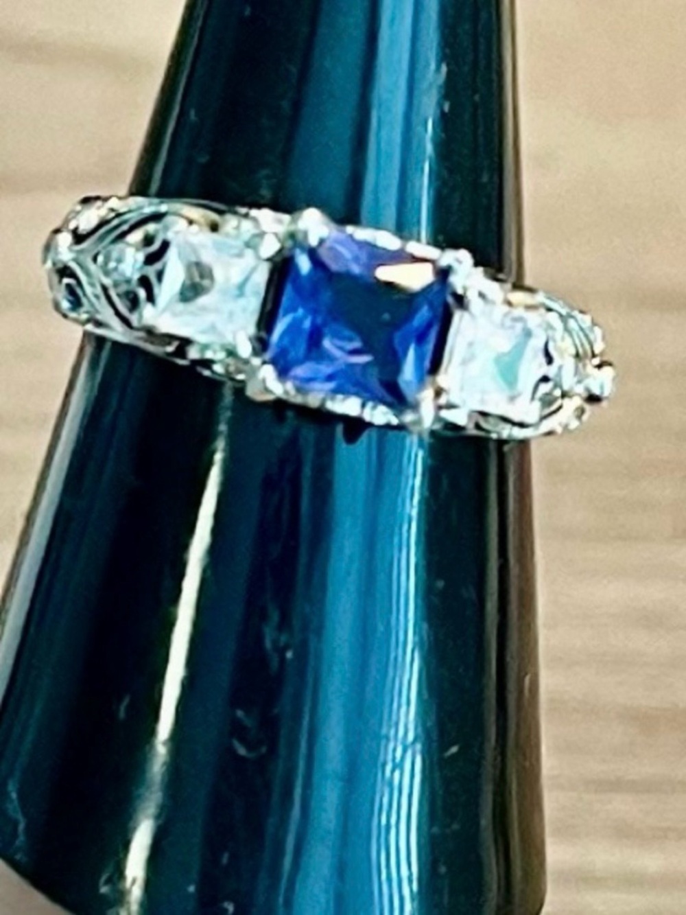 Blue Sapphire-Style Three-Stone Ring – stamped 925